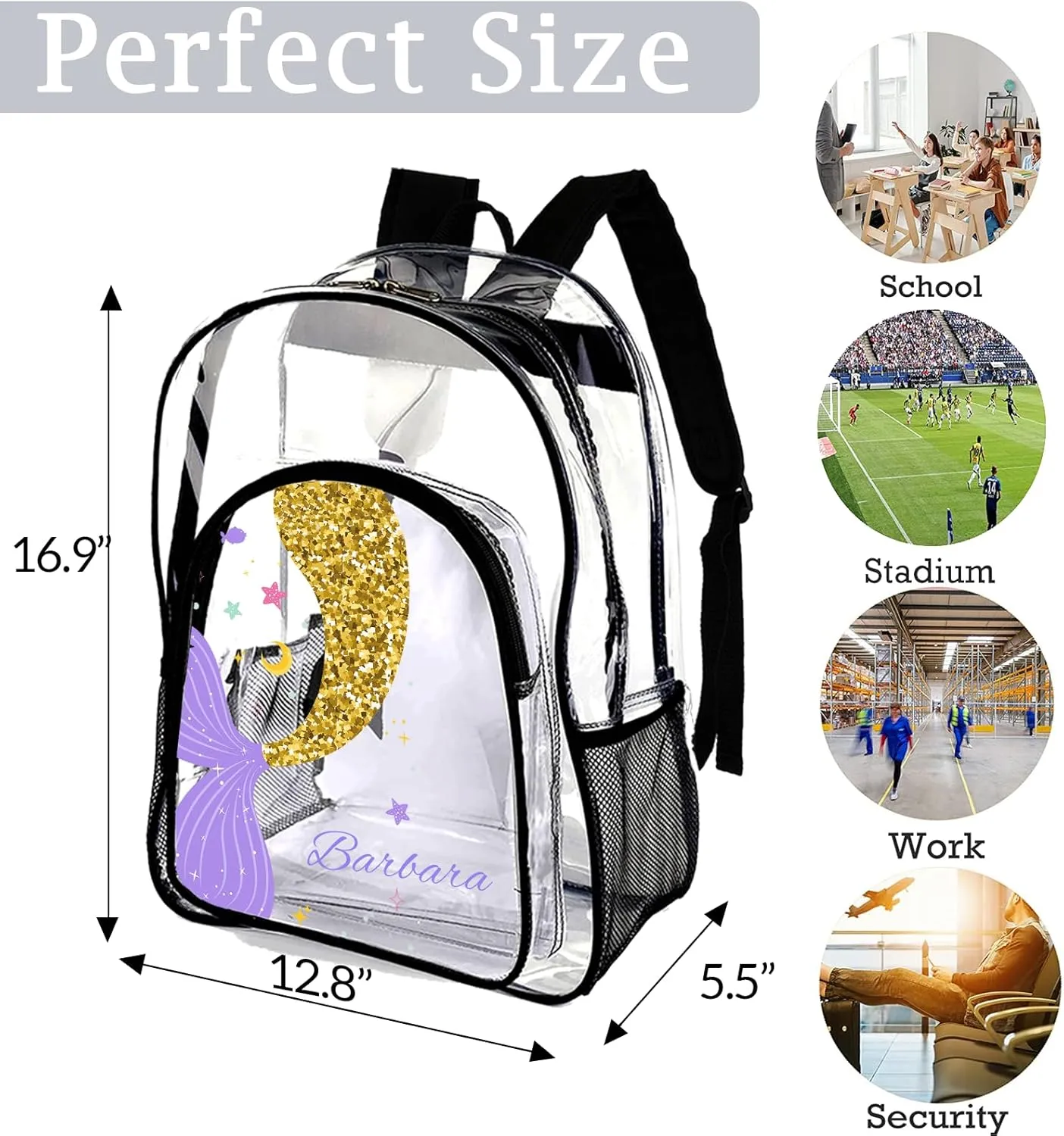 xrlsg Custom Clear Backpack Personalized Backpacks for School Water Resistant PVC Transparent Backpacks for Office Travel Outdoor-Mermaid