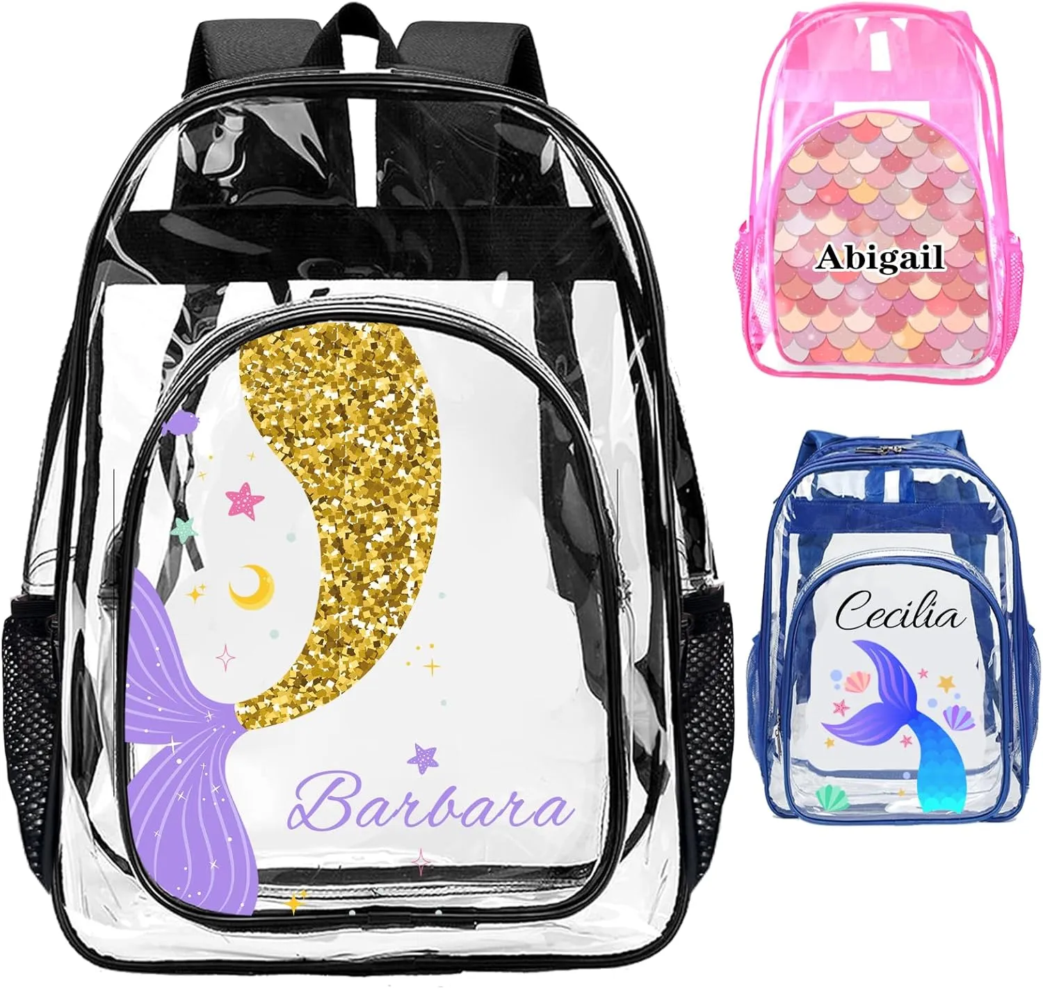 xrlsg Custom Clear Backpack Personalized Backpacks for School Water Resistant PVC Transparent Backpacks for Office Travel Outdoor-Mermaid