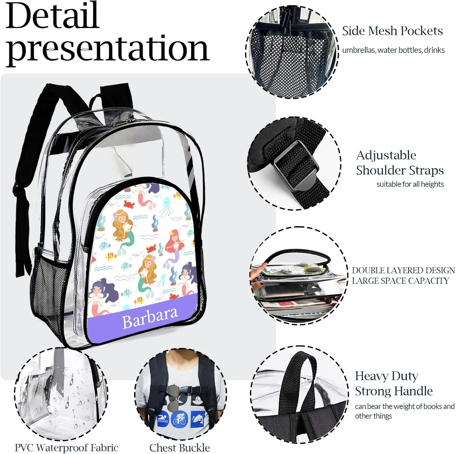 xrlsg Custom Clear Backpack Personalized Backpacks for School Water Resistant PVC Transparent Backpacks for Office Travel Outdoor-Mermaid