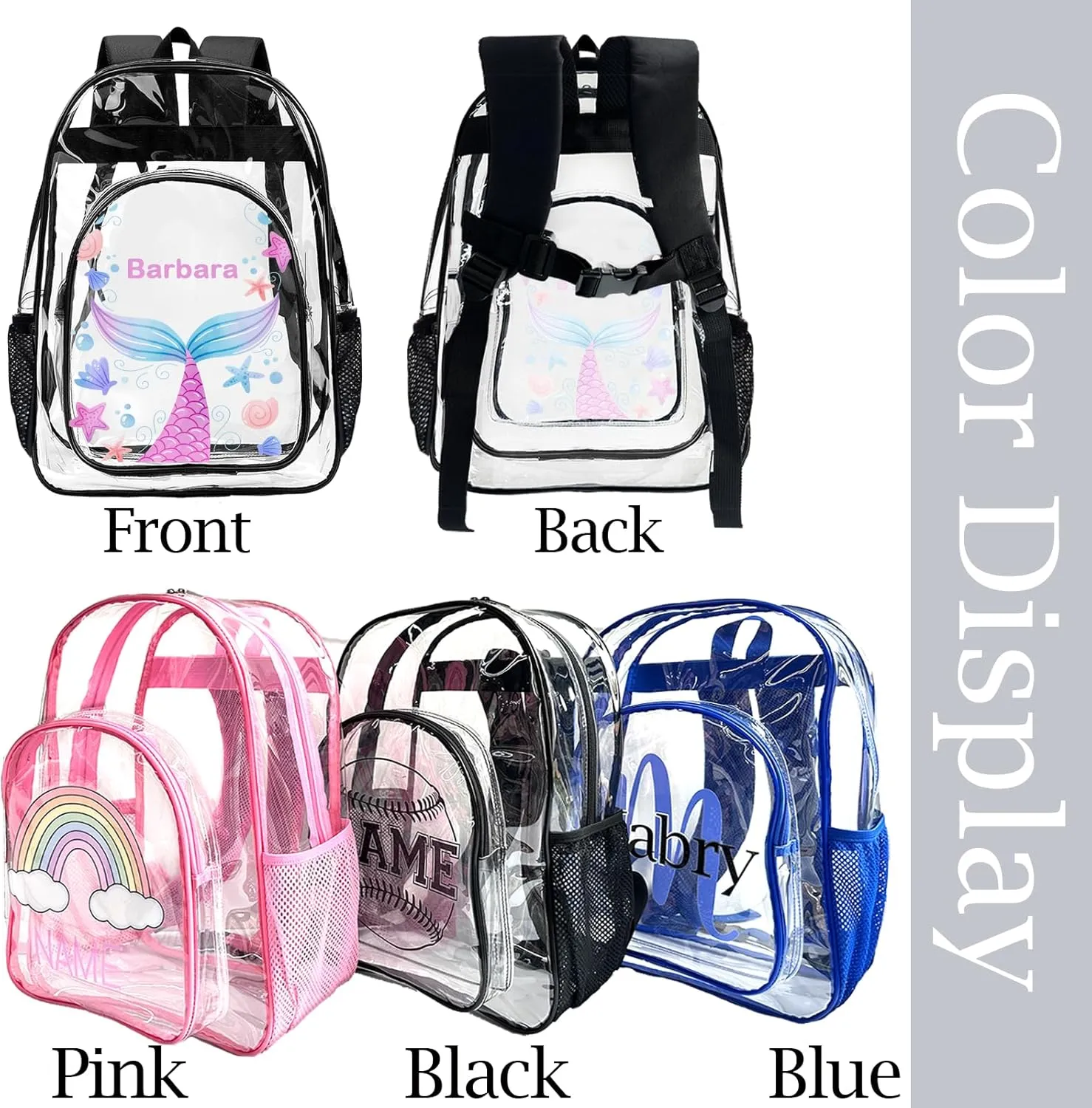 xrlsg Custom Clear Backpack Personalized Backpacks for School Water Resistant PVC Transparent Backpacks for Office Travel Outdoor-Mermaid