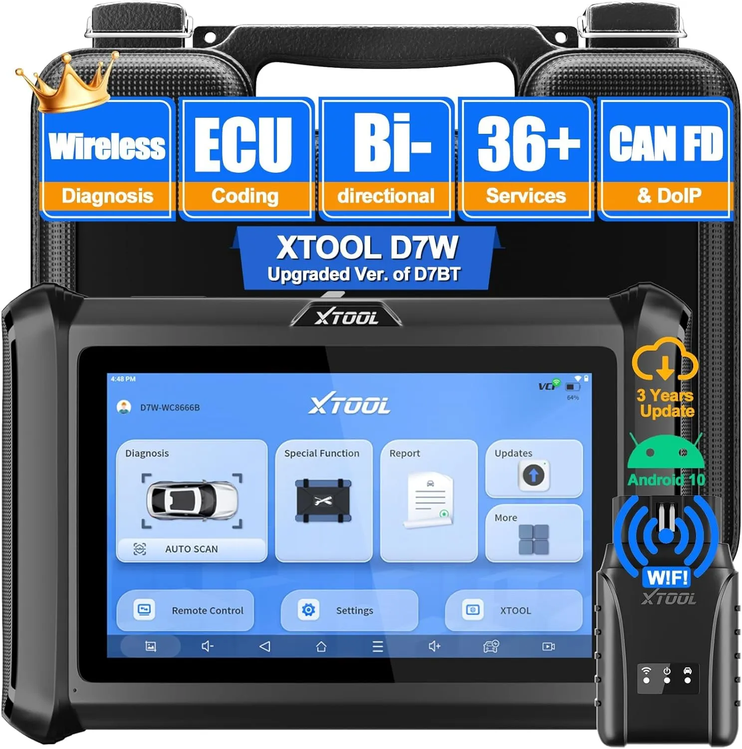 XTOOL D7W OBD2 Scanner Diagnostic Tool: 2025 Wireless Ver. of D7/D7S/D7BT, Bidirectional Scan Tool with ALL System Diagnostic, PMI, ECU Coding, 36  Resets, 3-Year Updates, CAN FD/DoIP, Scanner for Car