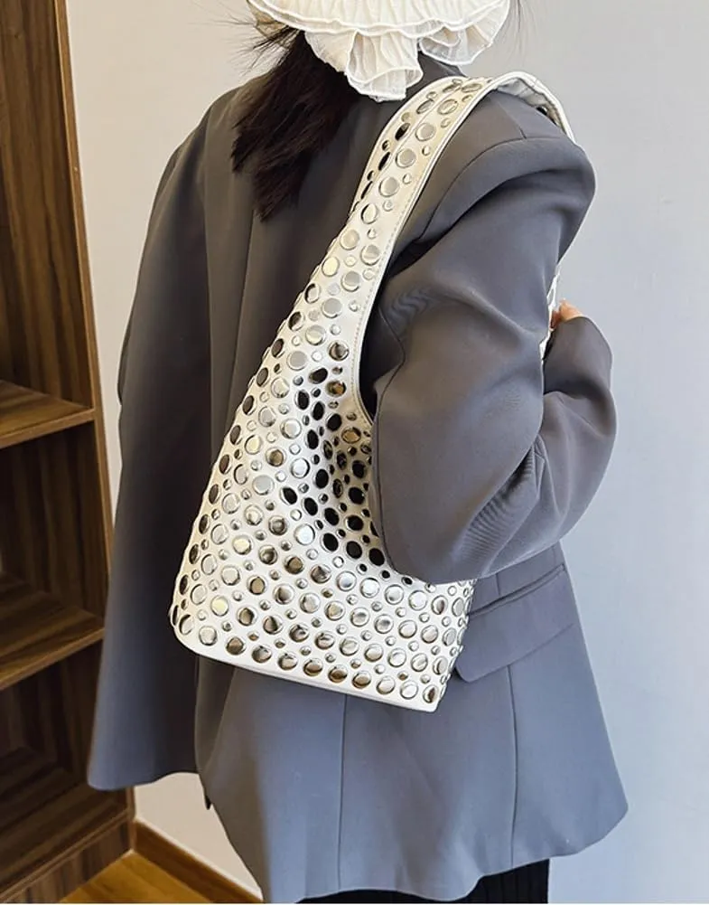 Y2k 90s Crescent Hobo Bags Women Trendy Studded PU Leather Shoulder Crossbody Purse Punk Underarm Satchels Tote Handbag