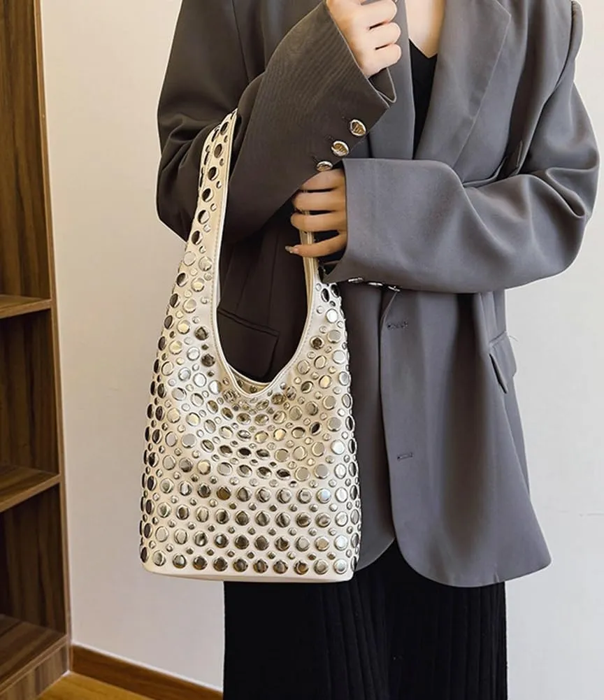 Y2k 90s Crescent Hobo Bags Women Trendy Studded PU Leather Shoulder Crossbody Purse Punk Underarm Satchels Tote Handbag