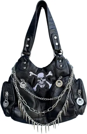 Y2k Hobo Punk Crossbody Bag Ladies Purses With Adjustable Strap,Goth PU Leather Multi-Pocket Handmade Bag for Women