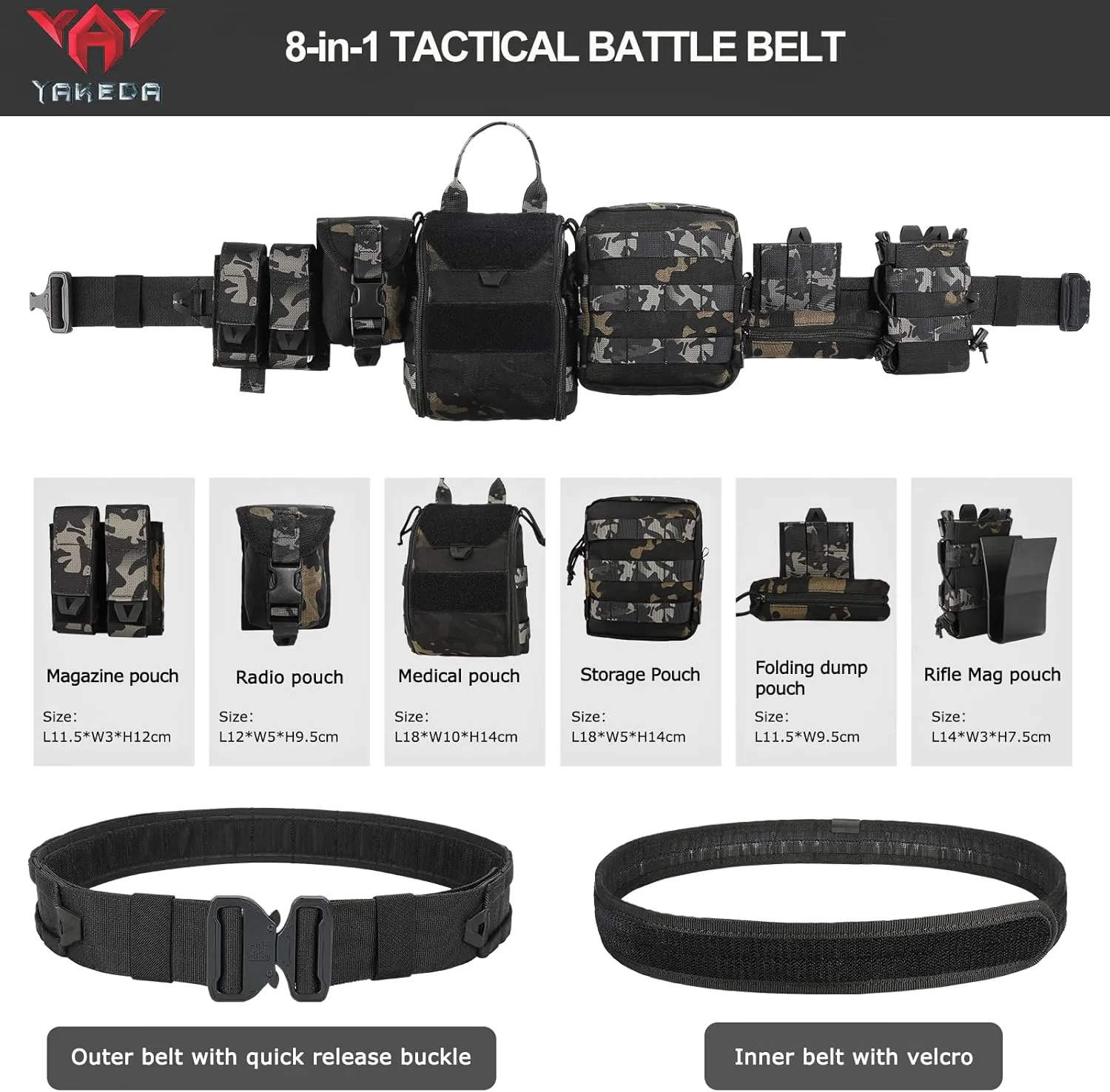 YAKEDA Molle Battle Belt with Accessories - Tactical Combat Airsoft Heavy Duty Belt (8 pcs)