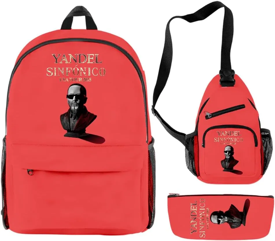 Yandel Sinfonico Tour 2025 Backpack 3 Pieces Sets Vintage Crossbody Bag Fashion Casual Travel Bag (Red)