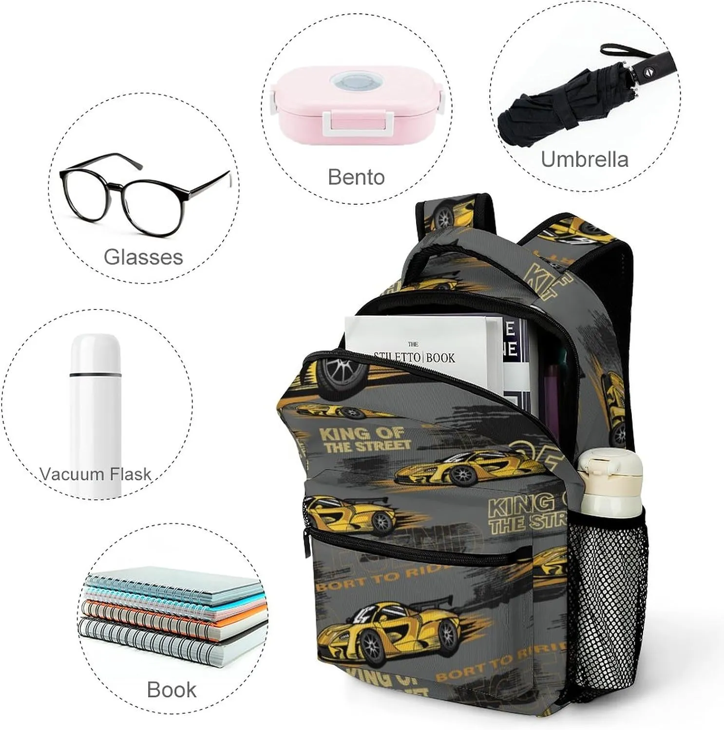 Yellow Speed Race Car Backpack King Of The Street Large computer Bags with Chest Strap,Lightweight Casual Daypack for Women Men Hiking Travel Work and Business 16 Inch