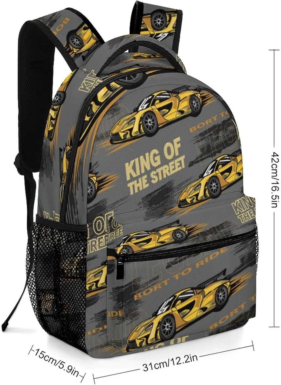 Yellow Speed Race Car Backpack King Of The Street Large computer Bags with Chest Strap,Lightweight Casual Daypack for Women Men Hiking Travel Work and Business 16 Inch