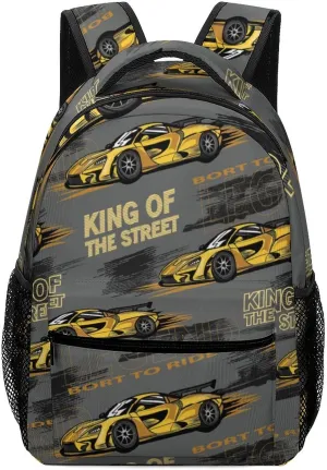 Yellow Speed Race Car Backpack King Of The Street Large computer Bags with Chest Strap,Lightweight Casual Daypack for Women Men Hiking Travel Work and Business 16 Inch