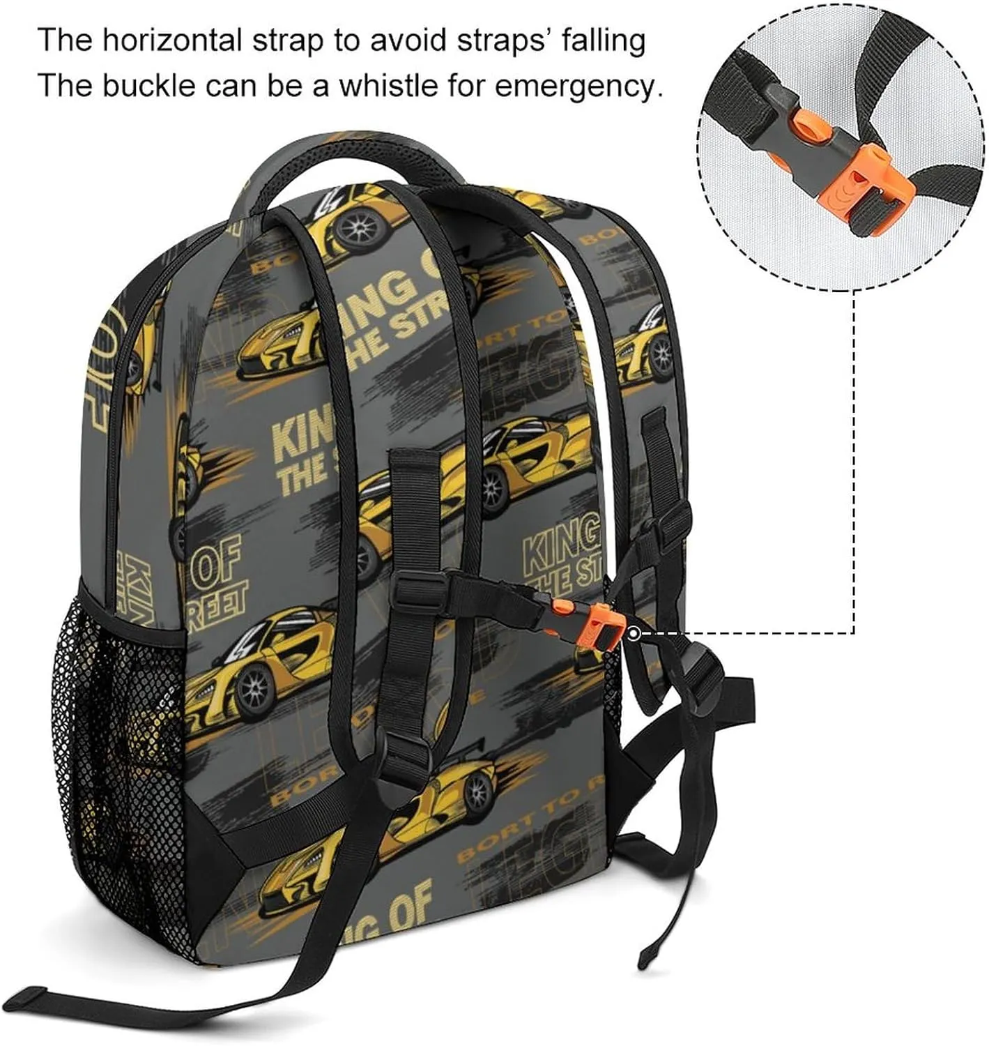 Yellow Speed Race Car Backpack King Of The Street Large computer Bags with Chest Strap,Lightweight Casual Daypack for Women Men Hiking Travel Work and Business 16 Inch