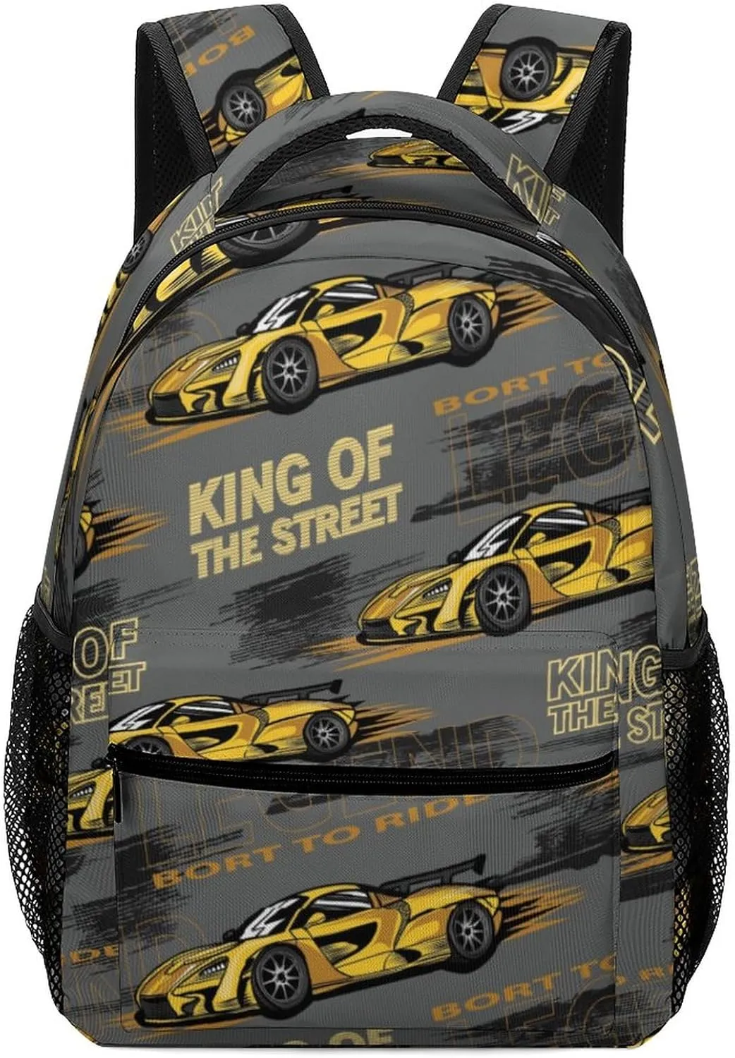 Yellow Speed Race Car Backpack King Of The Street Large computer Bags with Chest Strap,Lightweight Casual Daypack for Women Men Hiking Travel Work and Business 16 Inch
