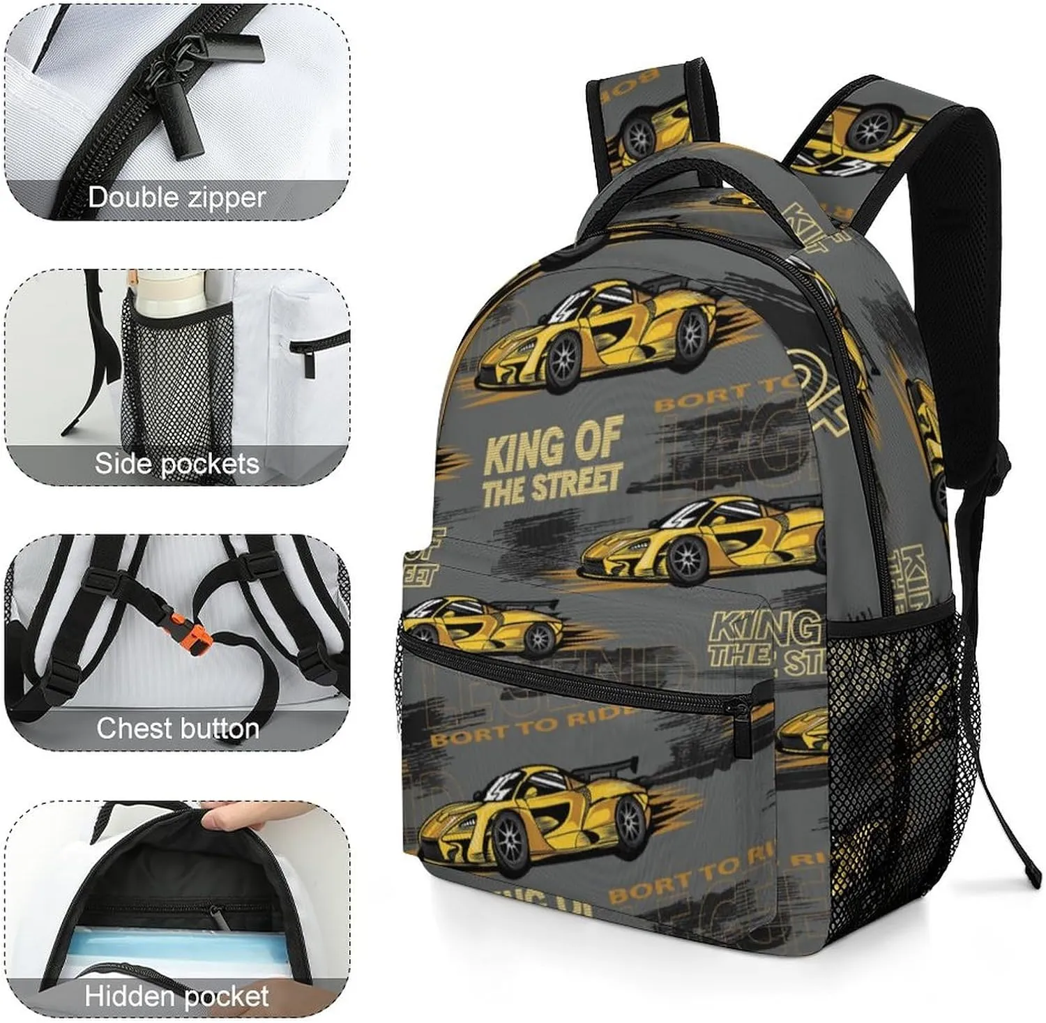 Yellow Speed Race Car Backpack King Of The Street Large computer Bags with Chest Strap,Lightweight Casual Daypack for Women Men Hiking Travel Work and Business 16 Inch