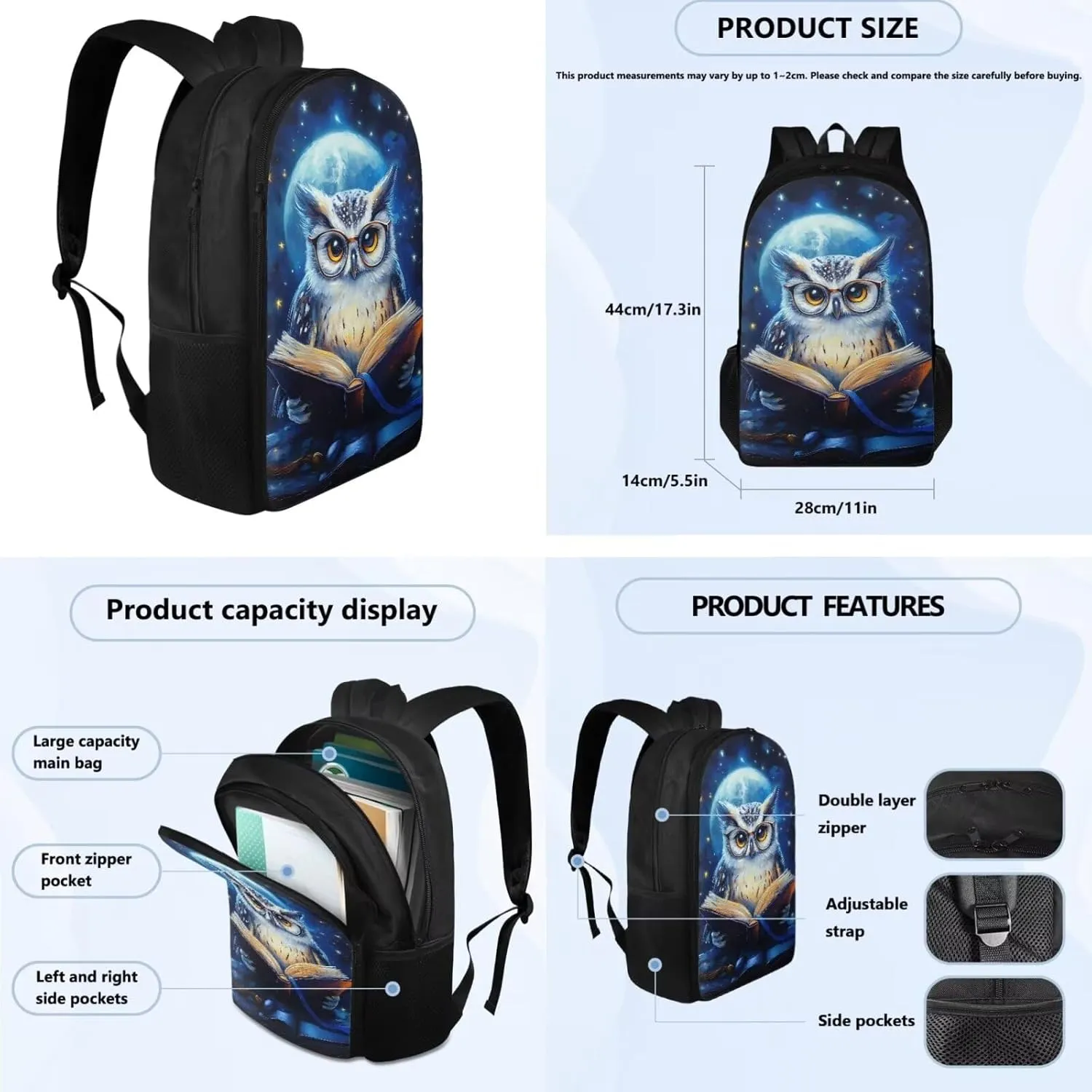 YEXIATODO Cute Owl Bookbags for 5Th Grade Girls Kids Backpack and Lunch Box Set 4 Piece Student Back To School Book Bag with Shouder Bag Pencil Case Box for Boys Girls 1st-6th Grade