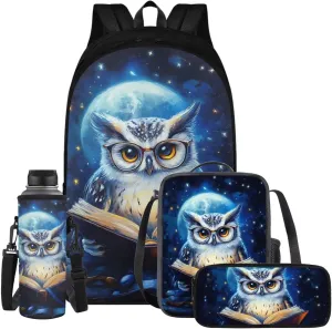 YEXIATODO Cute Owl Bookbags for 5Th Grade Girls Kids Backpack and Lunch Box Set 4 Piece Student Back To School Book Bag with Shouder Bag Pencil Case Box for Boys Girls 1st-6th Grade