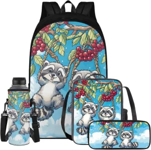 YEXIATODO Little Raccoon Bookbag for Elementary Middle High School Primary School Bag for Teens Kids Ages 10-12 Students Backpack Set with Lunch Box Pencil Case Water Bottle Holder