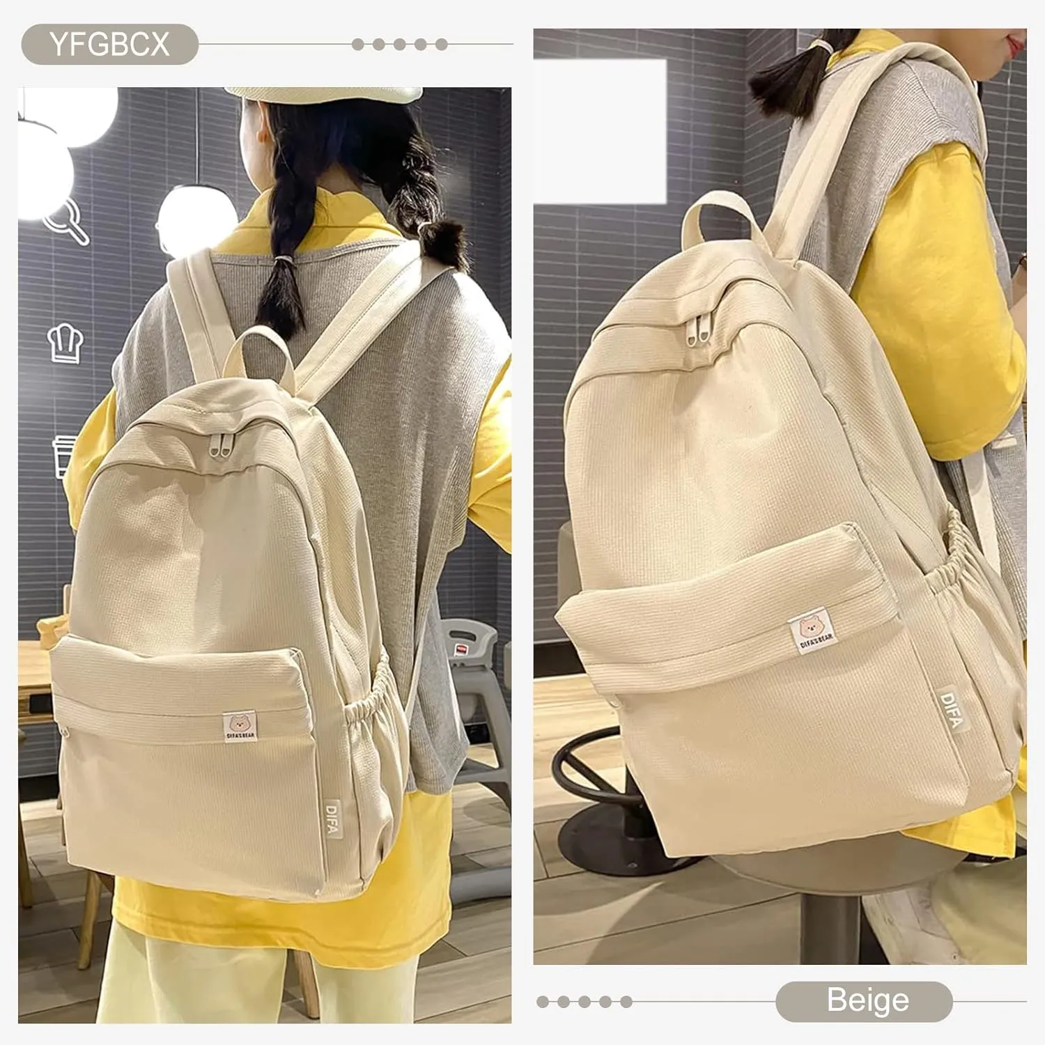 YFGBCX Cute Aesthetic Backpack for School College Student Solid Color Lightweight Classic Women Girls Laptop Casual Kawaii Travel, School, Work Beige 16.93x11.42x5.12in