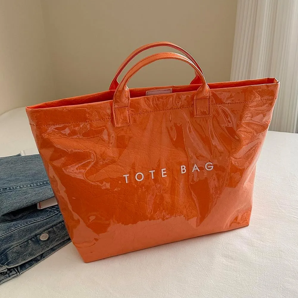 YFGBCX PVC Surface Kraft Paper Tote for Women - Large Solid Color Hobo Bag with Letter Print