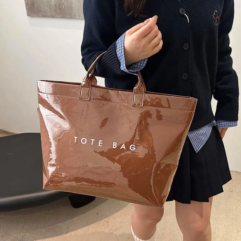 YFGBCX PVC Surface Kraft Paper Tote for Women - Large Solid Color Hobo Bag with Letter Print