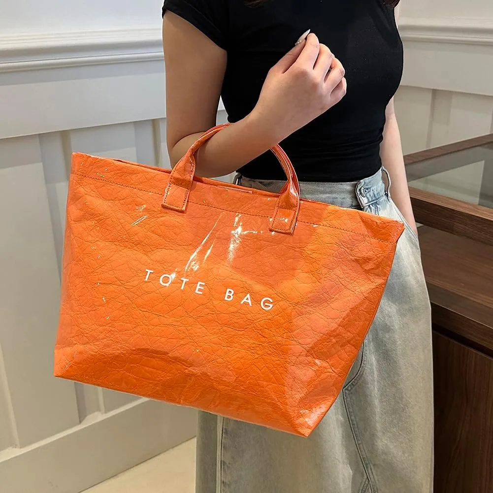 YFGBCX PVC Surface Kraft Paper Tote for Women - Large Solid Color Hobo Bag with Letter Print