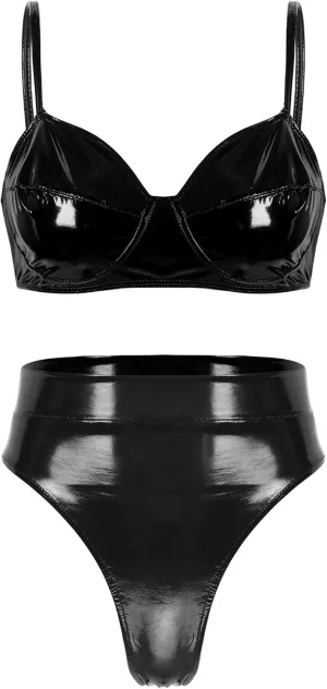 YiZYiF Women's Faux Leather Sexy Triangle Padded Bathing Suit 2 Pieces Swimsuit Bikini Set Swimwear