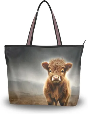 YMXFXP Lightweight Tote Bag Cow Grassland Closeup for Women Durable Designer Handbag with Zipper for Daily Use L