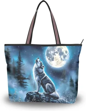 YMXFXP Lightweight Tote Bag Retro Moon Wolf Roar for Women Durable Designer Handbag with Zipper for Daily Use L