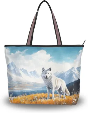 YMXFXP Lightweight Tote Bag Wolf Grassland Landscape for Women Durable Designer Handbag with Zipper for Daily Use L