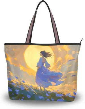 YMXFXP Lightweight Tote Bag Woman Grassland Blue for Women Durable Designer Handbag with Zipper for Daily Use L