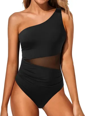 Yonique Women One Piece One Shoulder Swimsuit Mesh Bathing Suit Tummy Control Swimwear