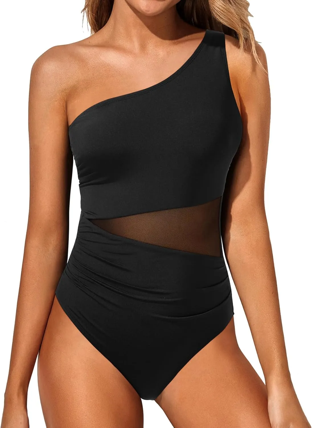 Yonique Women One Piece One Shoulder Swimsuit Mesh Bathing Suit Tummy Control Swimwear