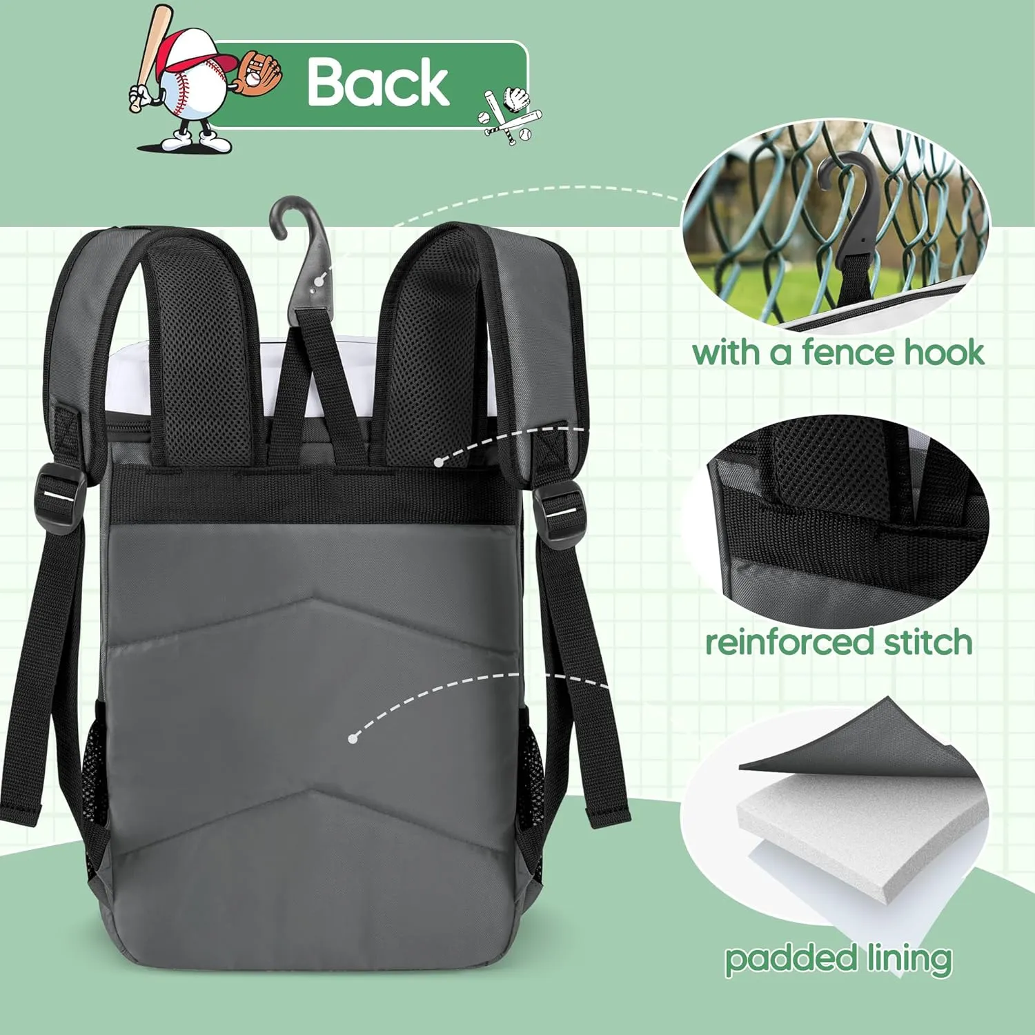Youth Baseball Bag for T Ball, Rec and Travel Ball, Softball Bag with Helmet Holder and Fence Hook