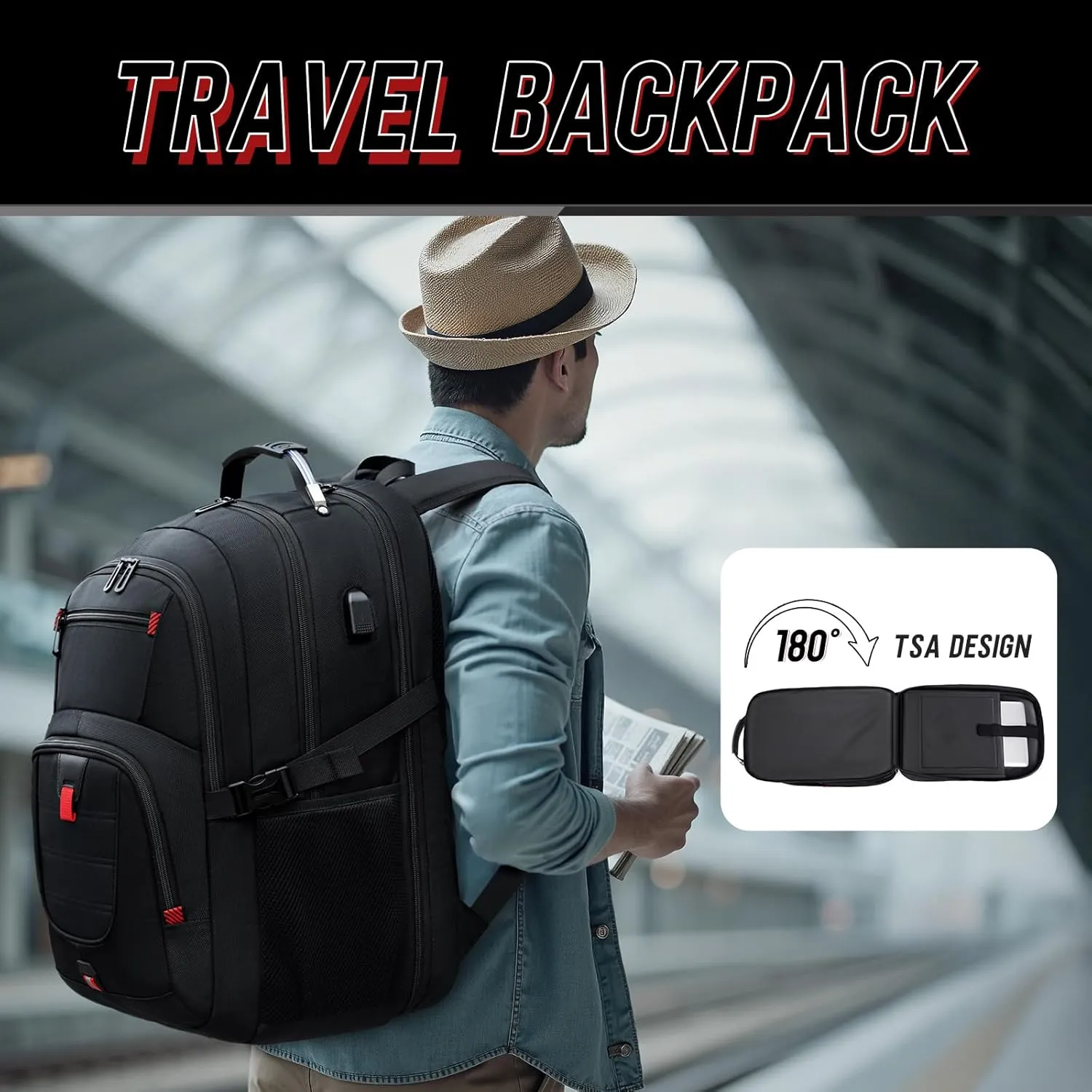 Z-MGKISS Large Travel Backpack, USB Computer Bagpack Fits 18.4 Inch Laptop, Business Backpack for Men, TSA Flight Approved, Laptop Backpacks, Daypack Weekender Bag for Teacher College Work, Black