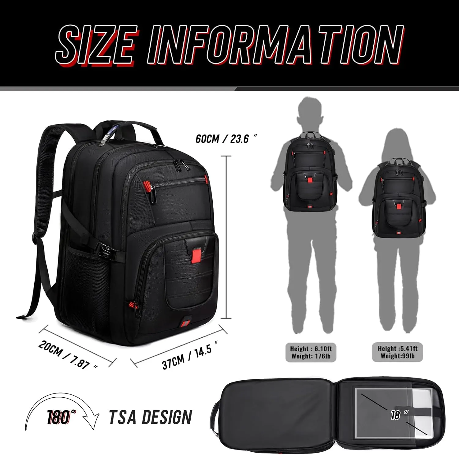 Z-MGKISS Large Travel Backpack, USB Computer Bagpack Fits 18.4 Inch Laptop, Business Backpack for Men, TSA Flight Approved, Laptop Backpacks, Daypack Weekender Bag for Teacher College Work, Black