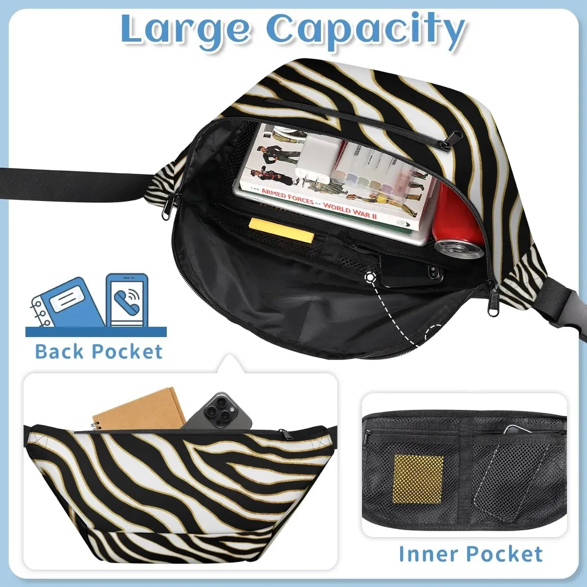 Zebra Leopard Shape Sling Bag Crossbody Backpack Chest Daypack for Women Sport Travel Hiking Casual Bag Multipurpose Waist Pack With Zipper Closure Adjustable Strap Shoulder Bag