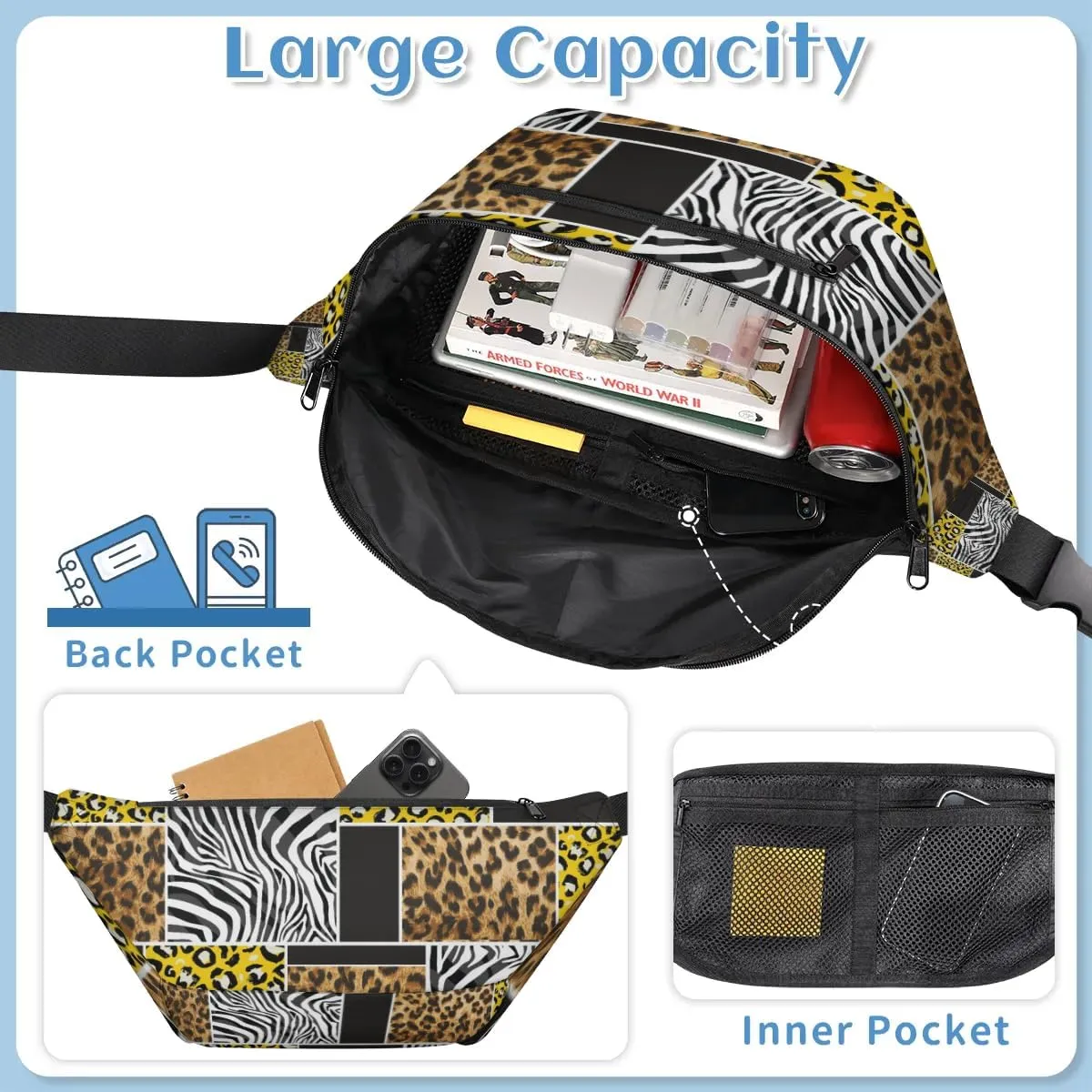 Zebra Leopard Sling Bag Crossbody Backpack Chest Daypack for Women Sport Travel Hiking Casual Bag Multipurpose Waist Pack With Zipper Closure Adjustable Strap Shoulder Bag