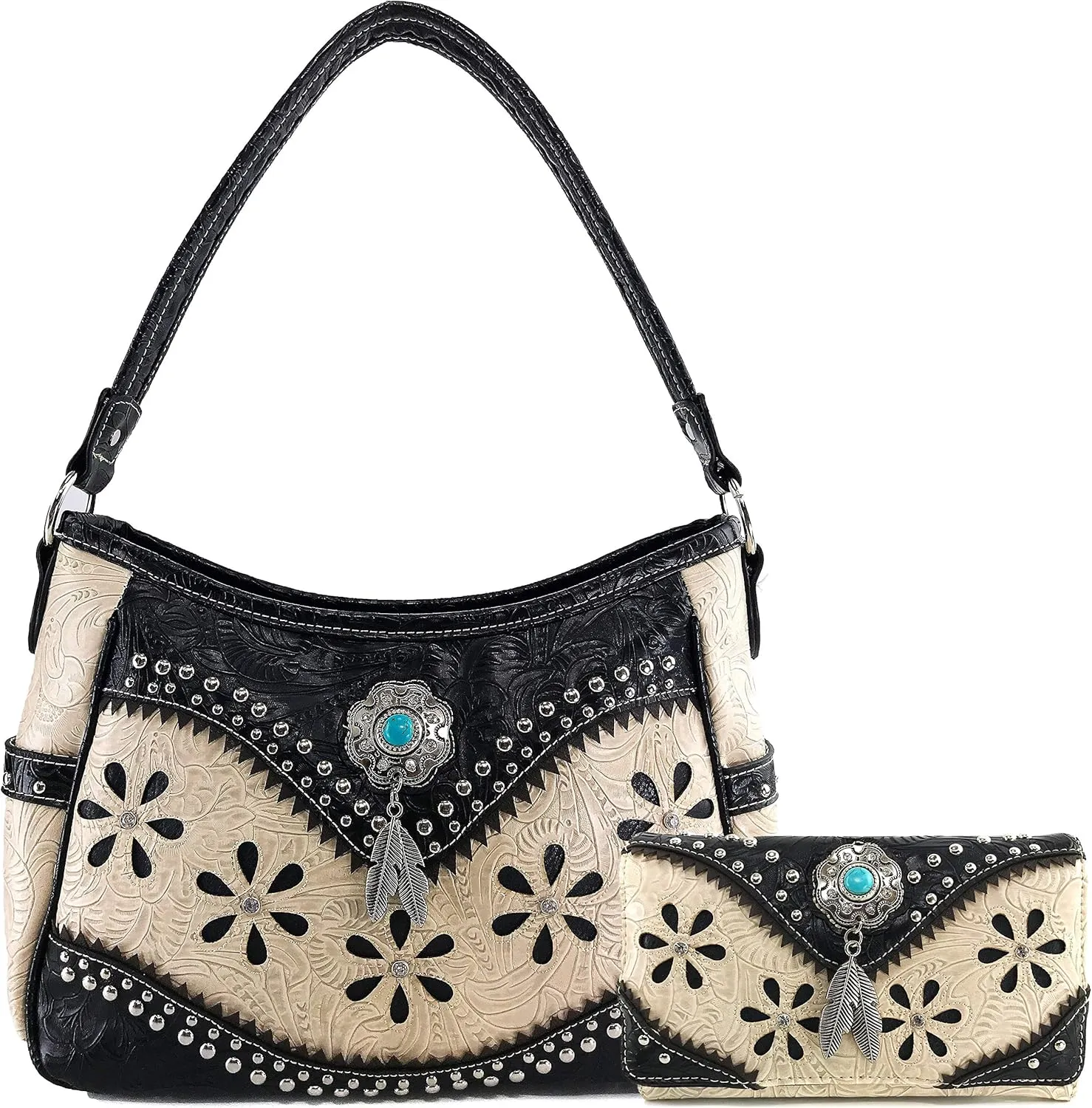 Zelris Floral Western Concho Feathers Conceal Carry Women Hobo Purse Wallet Set