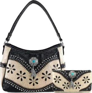 Zelris Floral Western Concho Feathers Conceal Carry Women Hobo Purse Wallet Set