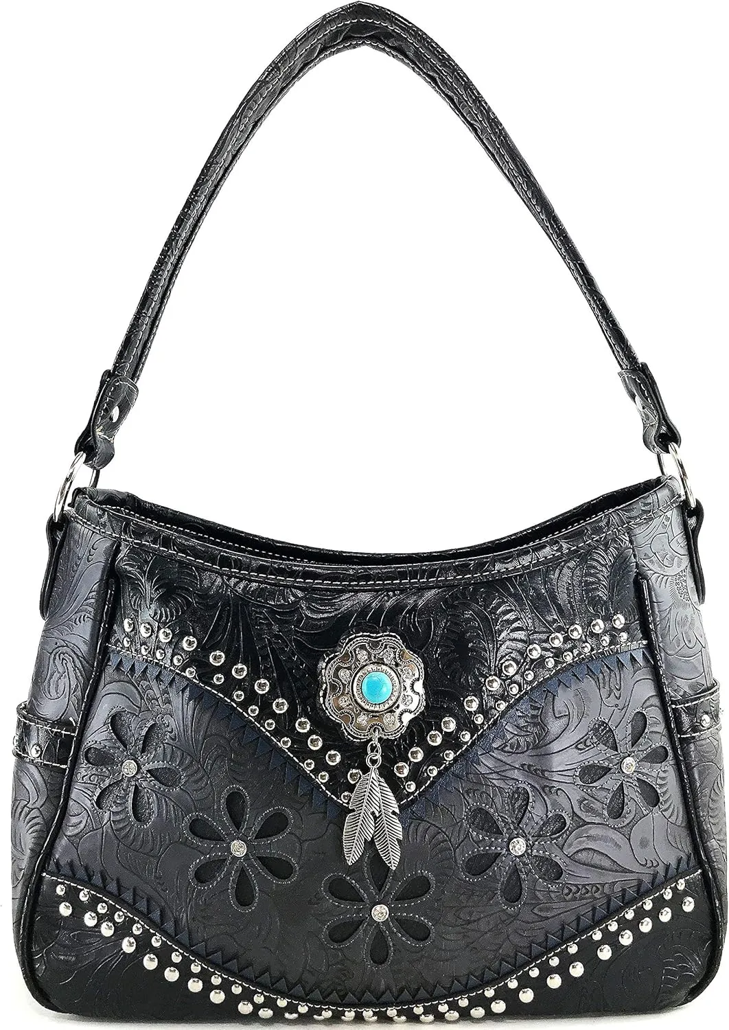 Zelris Floral Western Pu Tooled Leather Turquoise Concho Feathers Conceal Carry Women Hobo Purse Handbag