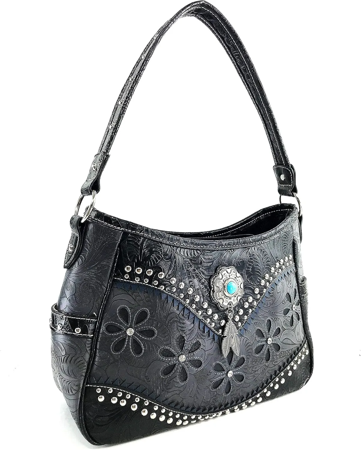 Zelris Floral Western Pu Tooled Leather Turquoise Concho Feathers Conceal Carry Women Hobo Purse Handbag