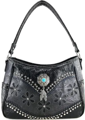 Zelris Floral Western Pu Tooled Leather Turquoise Concho Feathers Conceal Carry Women Hobo Purse Handbag