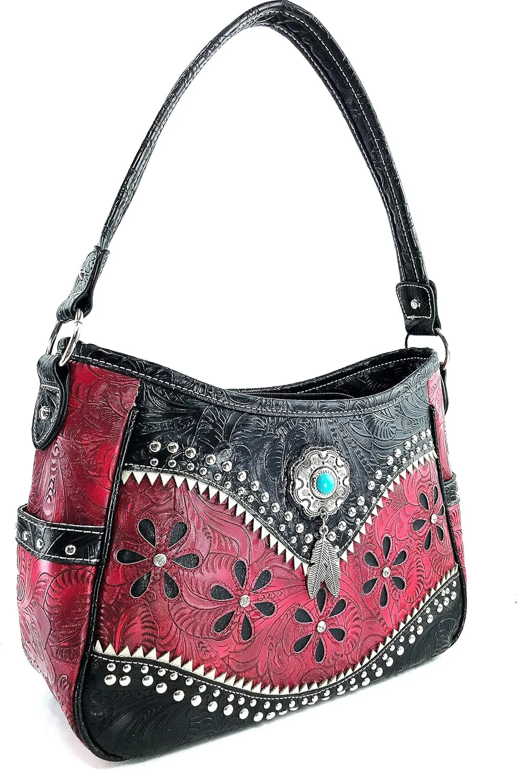 Zelris Floral Western Pu Tooled Leather Turquoise Concho Feathers Conceal Carry Women Hobo Purse Handbag