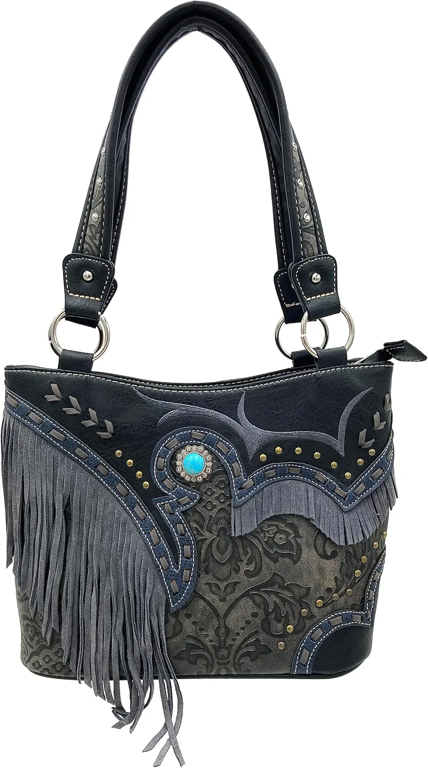 Zelris Women Tote Handbag Wallet Set Turquoise Concho Suede Fringe Two Tone Cowgirl Concealed Carry Purse