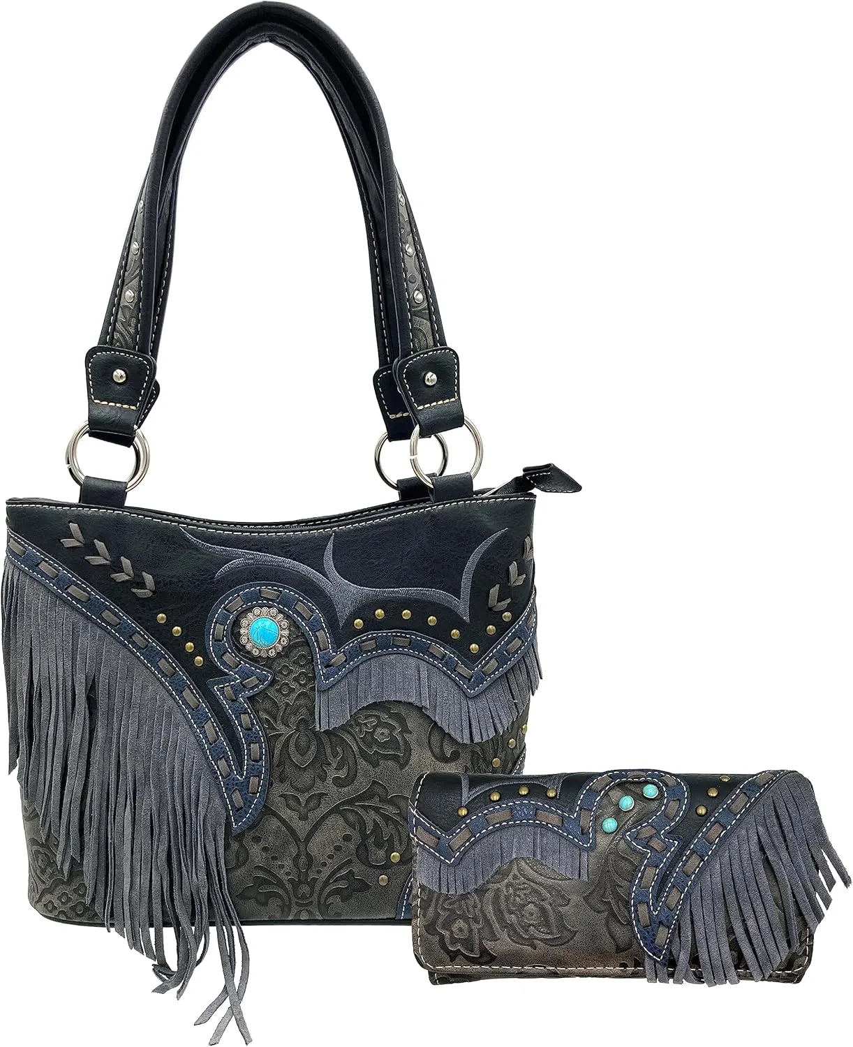 Zelris Women Tote Handbag Wallet Set Turquoise Concho Suede Fringe Two Tone Cowgirl Concealed Carry Purse