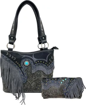 Zelris Women Tote Handbag Wallet Set Turquoise Concho Suede Fringe Two Tone Cowgirl Concealed Carry Purse