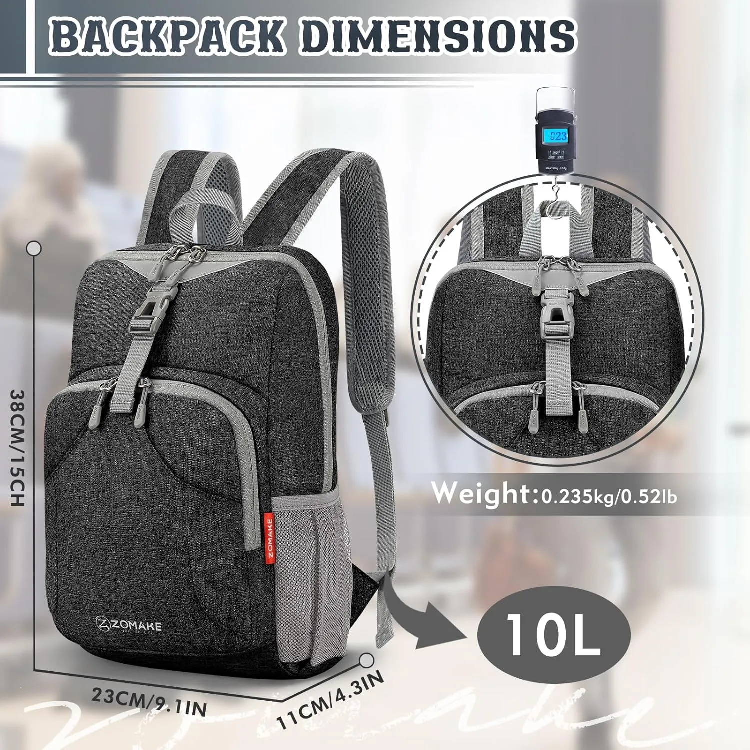 ZOMAKE Ultra Lightweight Backpack 10L, Small Hiking Daypack Water Resistant Travel Daybag Ultra Light Backpacks for Hiking (Black)