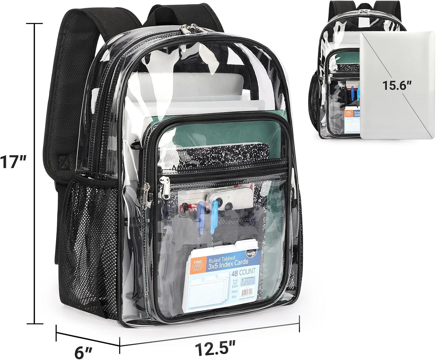 ZORFIN Clear Backpack Heavy Duty for Stadium Events - 17in PVC Large Clear Backpacks for School, See Through Bookbag for Student Boys Girls Transparent Bag for Men Women, College Concert Work - Black
