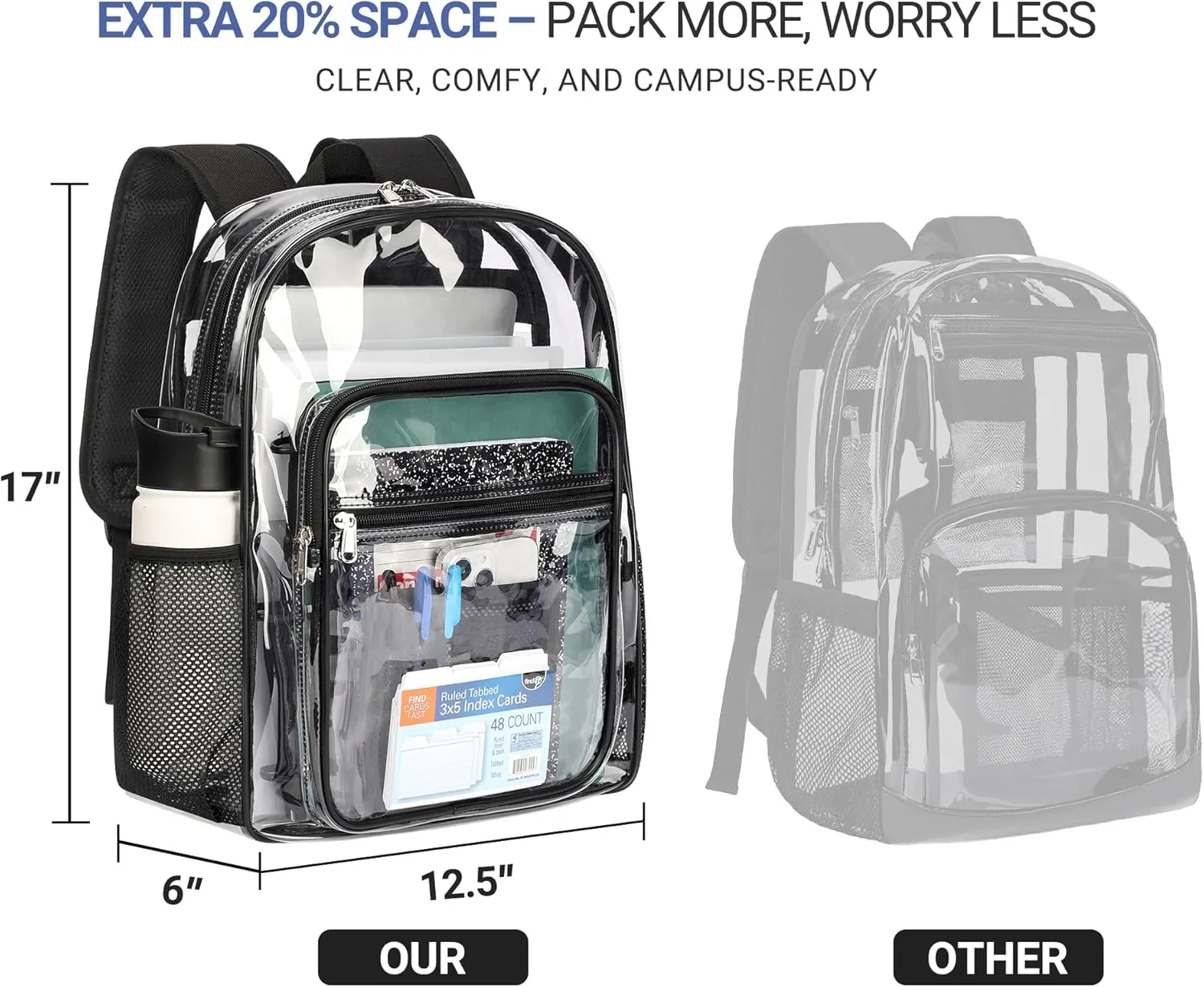 ZORFIN Clear Backpack Heavy Duty for Stadium Events - 17in PVC Large Clear Backpacks for School, See Through Bookbag for Student Boys Girls Transparent Bag for Men Women, College Concert Work - Black