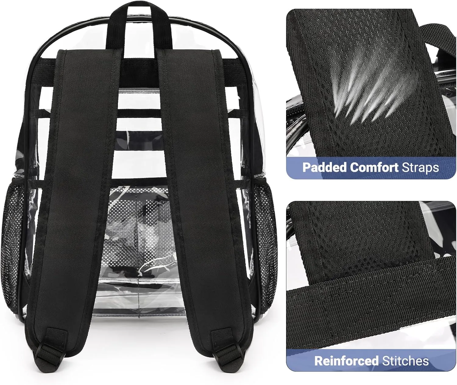 ZORFIN Clear Backpack Heavy Duty for Stadium Events - 17in PVC Large Clear Backpacks for School, See Through Bookbag for Student Boys Girls Transparent Bag for Men Women, College Concert Work - Black