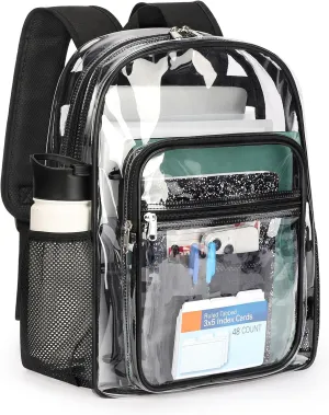 ZORFIN Clear Backpack Heavy Duty for Stadium Events - 17in PVC Large Clear Backpacks for School, See Through Bookbag for Student Boys Girls Transparent Bag for Men Women, College Concert Work - Black