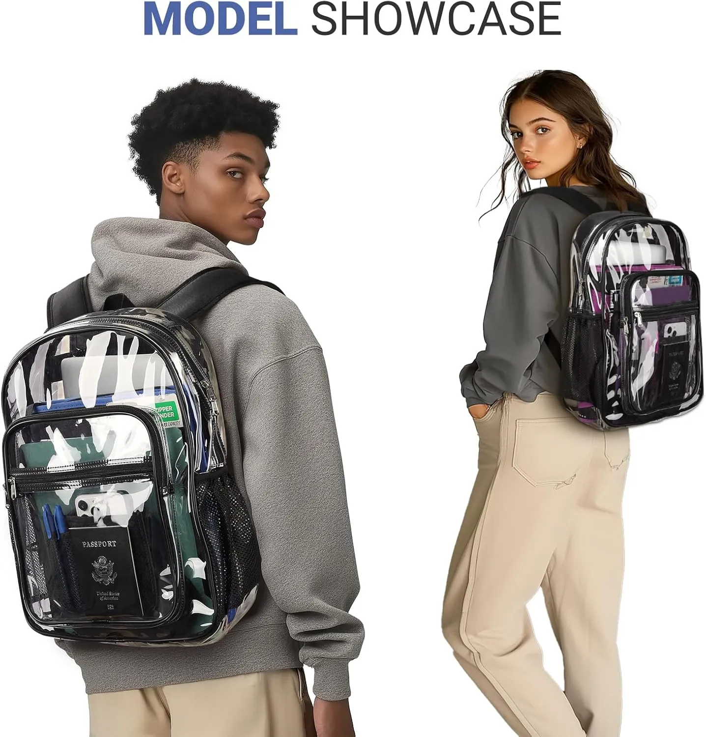 ZORFIN Clear Backpack Heavy Duty for Stadium Events - 17in PVC Large Clear Backpacks for School, See Through Bookbag for Student Boys Girls Transparent Bag for Men Women, College Concert Work - Black